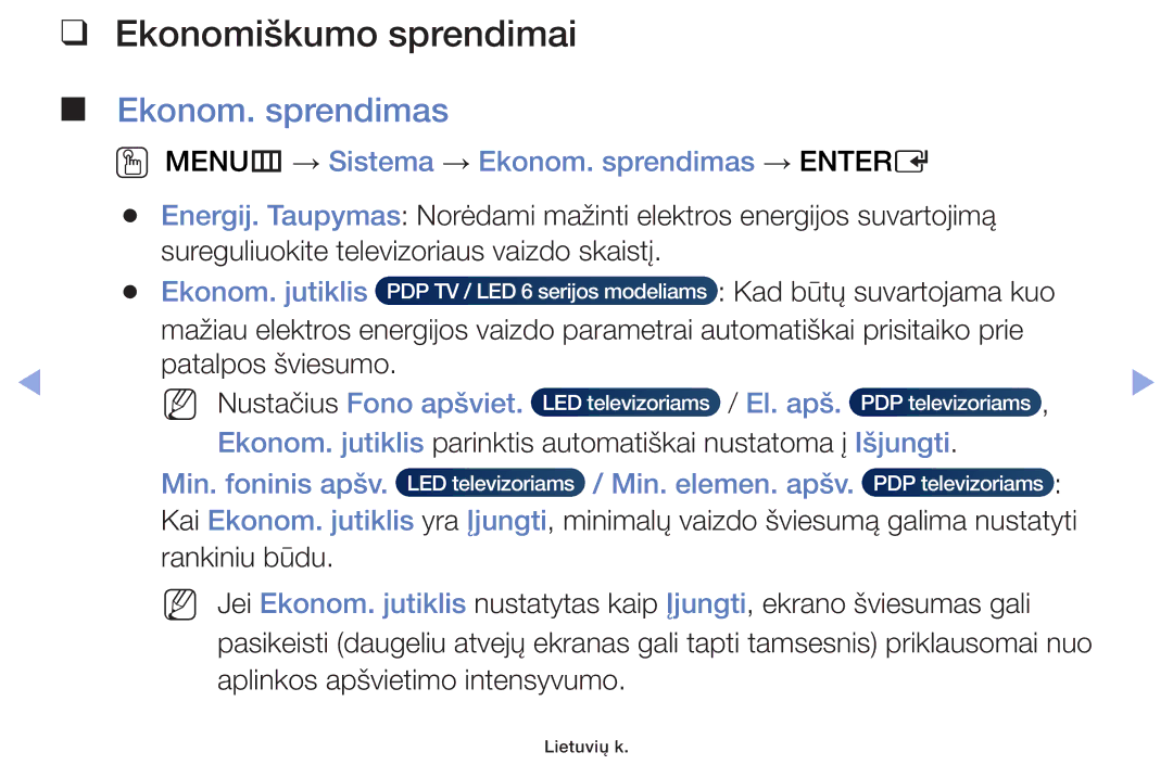 Samsung UE46F6100AWXBT, UE60F6170SSXZG, UE22F5000AWXBT, UE19F4000AWXBT manual Ekonomiškumo sprendimai, Ekonom. sprendimas 