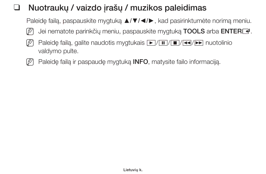 Samsung UE22F5000AWXBT, UE60F6170SSXZG, UE19F4000AWXBT, UE55F6100AWXBT manual Nuotraukų / vaizdo įrašų / muzikos paleidimas 