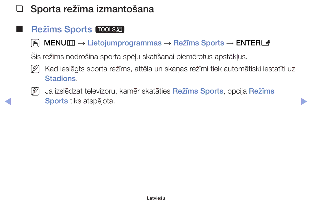 Samsung UE46F6100AWXBT Sporta režīma izmantošana, Režīms Sports t, OO MENUm → Lietojumprogrammas → Režīms Sports → Entere 