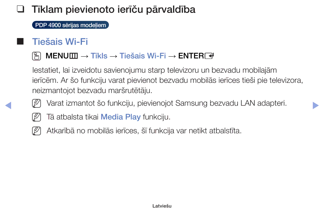 Samsung UE28F4000AWXBT, UE60F6170SSXZG Tīklam pievienoto ierīču pārvaldība, OO MENUm → Tīkls → Tiešais Wi-Fi → Entere 