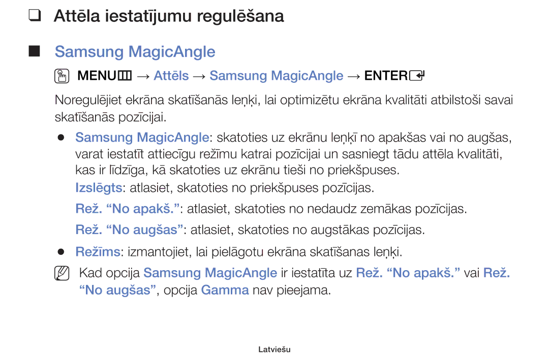 Samsung UE55F6100AWXBT, UE60F6170SSXZG manual Attēla iestatījumu regulēšana, OO MENUm → Attēls → Samsung MagicAngle → Entere 