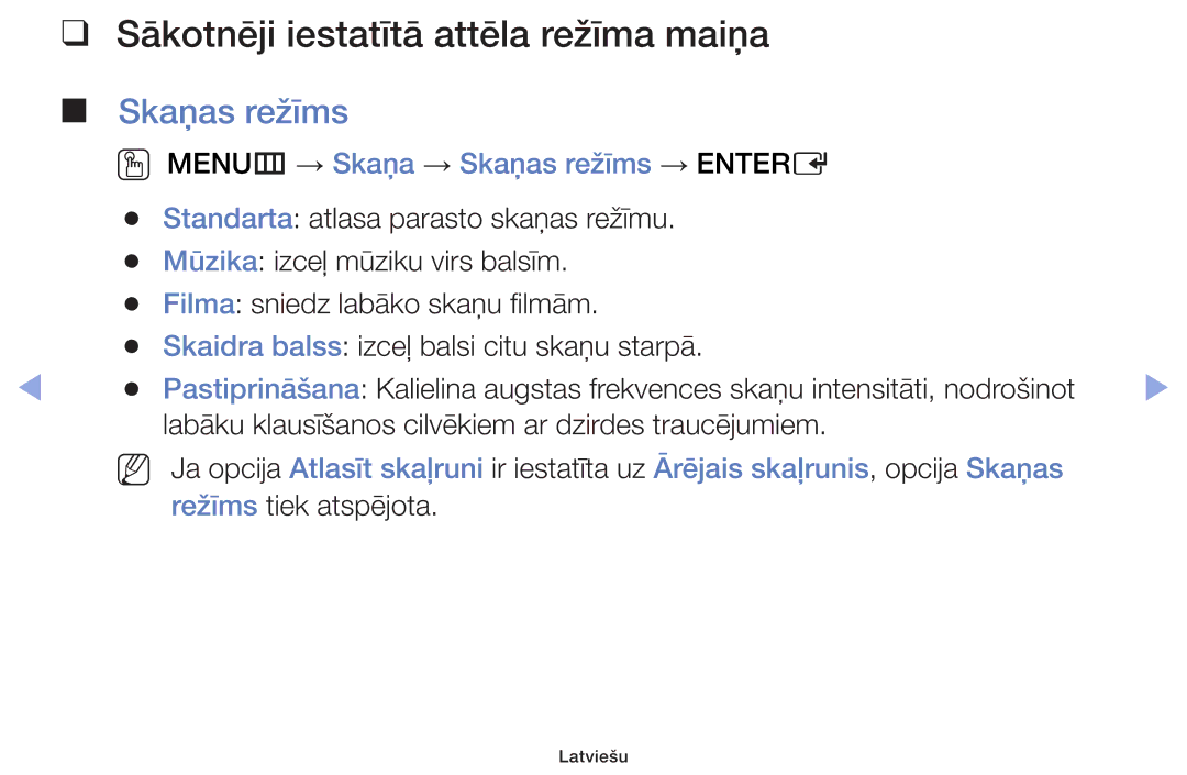 Samsung UE32F6100AWXBT, UE60F6170SSXZG, UE22F5000AWXBT, UE19F4000AWXBT manual OO MENUm → Skaņa → Skaņas režīms → Entere 