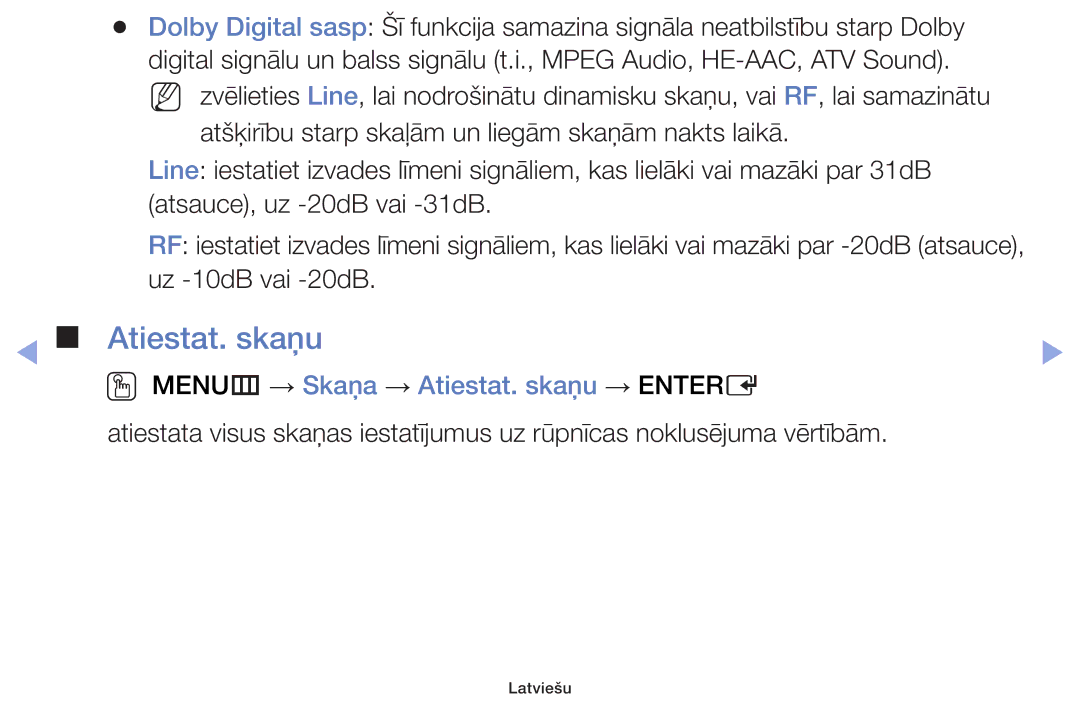 Samsung UE28F4000AWXBT, UE60F6170SSXZG, UE22F5000AWXBT, UE19F4000AWXBT manual OO MENUm → Skaņa → Atiestat. skaņu → Entere 