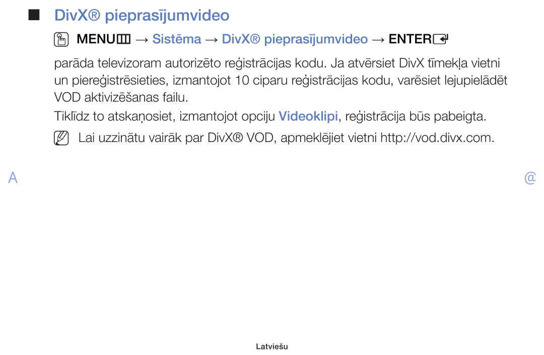 Samsung UE46F6100AWXBT, UE60F6170SSXZG, UE22F5000AWXBT manual OO MENUm → Sistēma → DivX pieprasījumvideo → Entere 