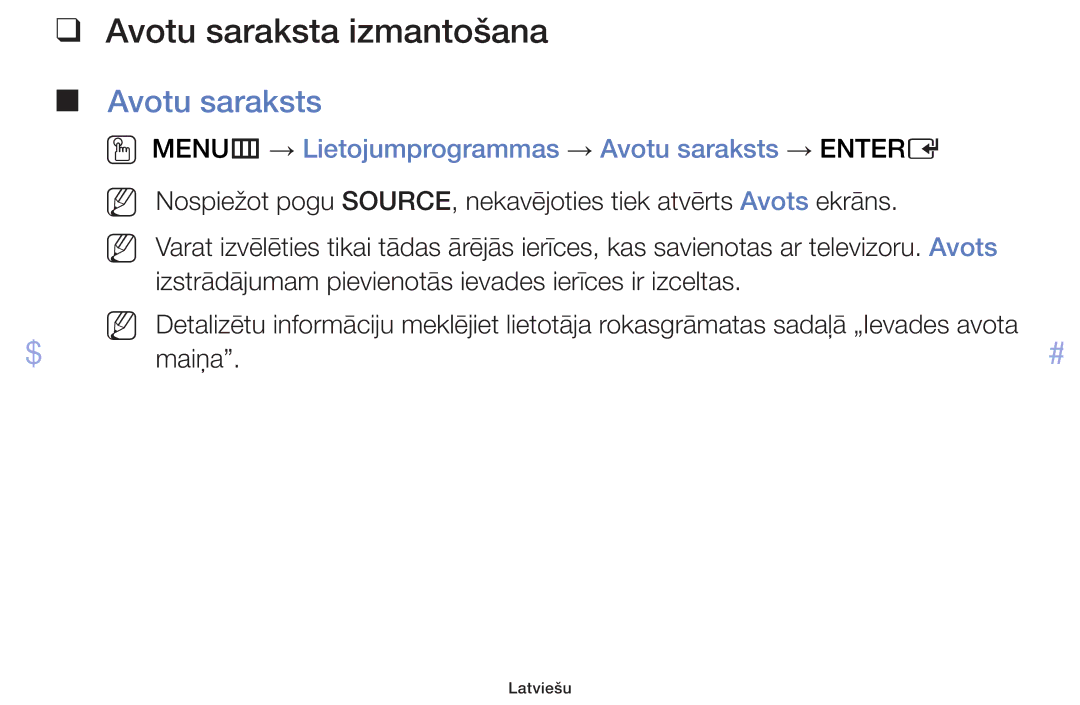 Samsung UE60F6170SSXZG manual Avotu saraksta izmantošana, OO MENUm → Lietojumprogrammas → Avotu saraksts → Entere 