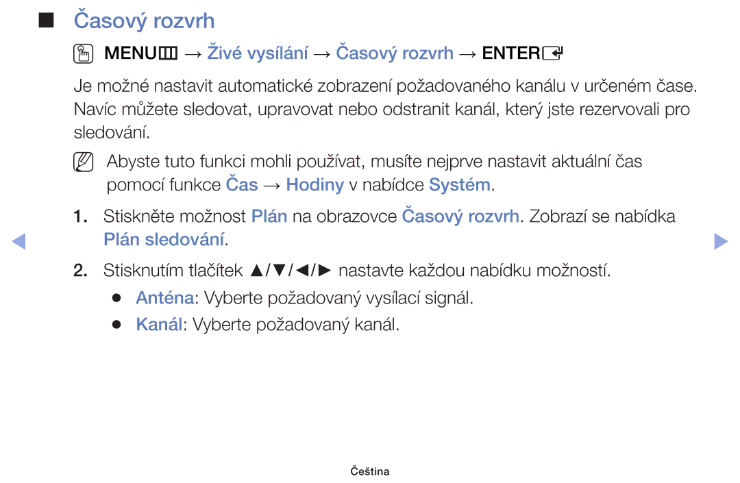 Samsung UE60F6100AWXBT, UE60F6170SSXZG manual OO MENUm → Živé vysílání → Časový rozvrh → Entere, Plán sledování 