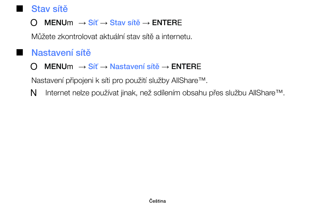 Samsung UE32F6100AWXBT, UE60F6170SSXZG, UE32F6100AWXZF manual Stav sítě, OO MENUm → Síť → Nastavení sítě → Entere 