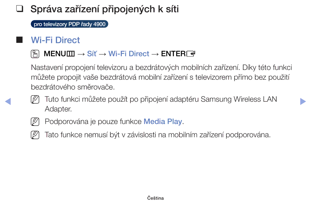 Samsung UE60F6100AWXXH, UE60F6170SSXZG manual Správa zařízení připojených k síti, OO MENUm → Síť → Wi-Fi Direct → Entere 