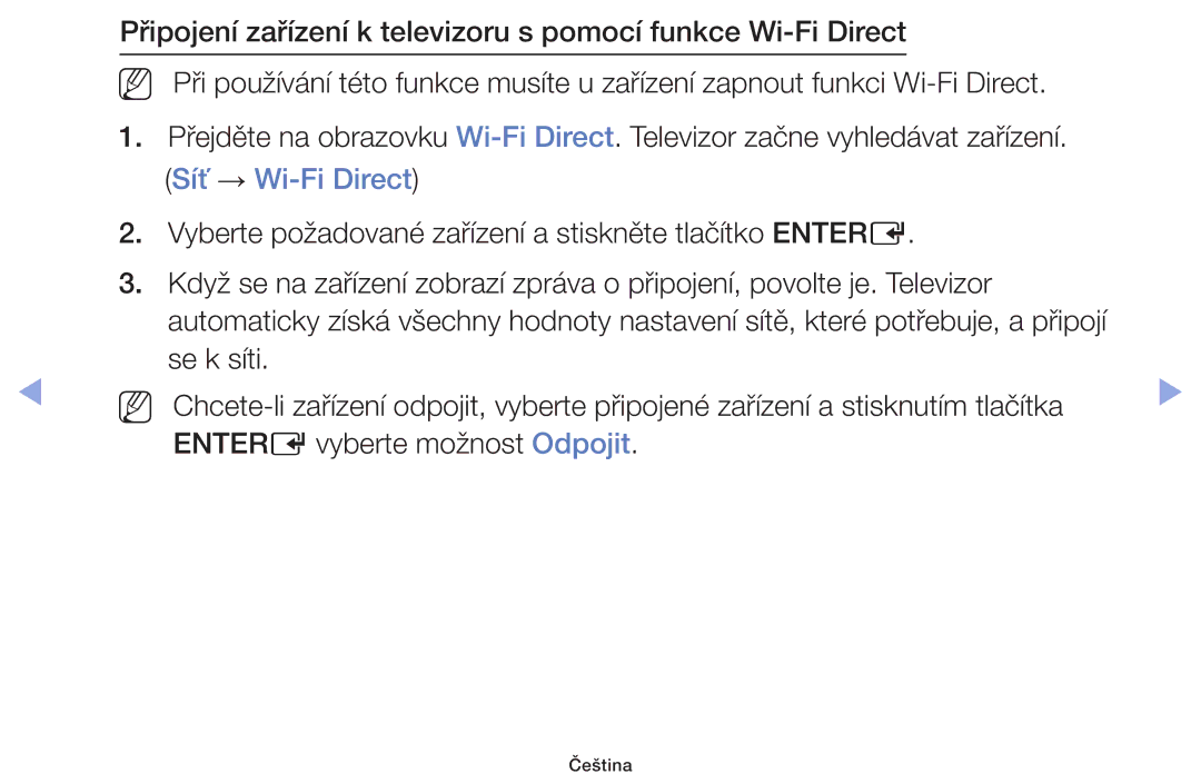 Samsung UE22F5000AWXBT, UE60F6170SSXZG, UE32F6100AWXZF, UE55F6100AWXZF, UE40F6100AWXZF, UE22F5000AWXZF manual Síť → Wi-Fi Direct 