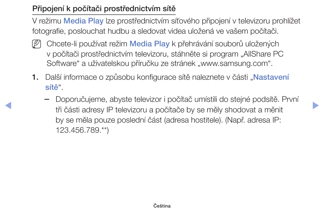 Samsung UE46F6100AWXBT, UE60F6170SSXZG, UE32F6100AWXZF, UE55F6100AWXZF manual Připojení k počítači prostřednictvím sítě 