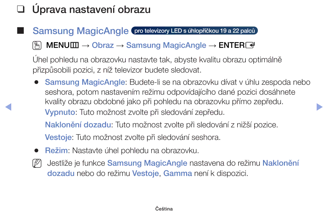 Samsung UE55F6100AWXBT, UE60F6170SSXZG manual Úprava nastavení obrazu, OO MENUm → Obraz → Samsung MagicAngle → Entere 