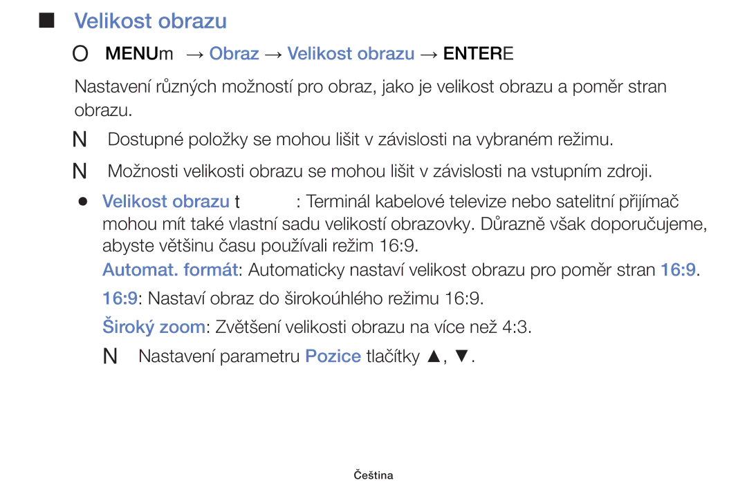 Samsung UE32F6100AWXBT, UE60F6170SSXZG, UE32F6100AWXZF, UE55F6100AWXZF manual OO MENUm → Obraz → Velikost obrazu → Entere 