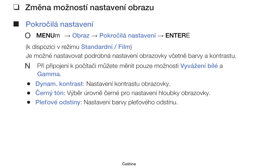 Samsung UE22F5000AKXXU, UE60F6170SSXZG, UE32F6100AWXZF, UE55F6100AWXZF Změna možností nastavení obrazu, Pokročilá nastavení 