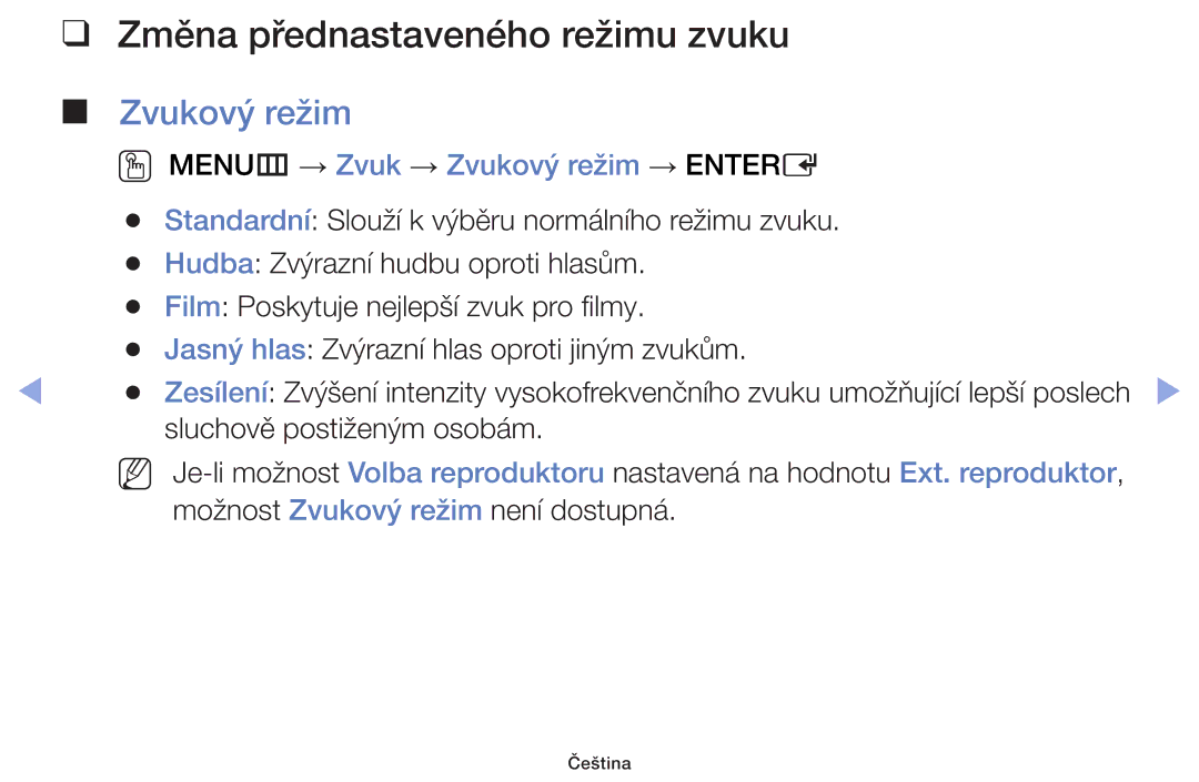 Samsung UE22F5000AWXBT, UE60F6170SSXZG Změna přednastaveného režimu zvuku, OO MENUm → Zvuk → Zvukový režim → Entere 