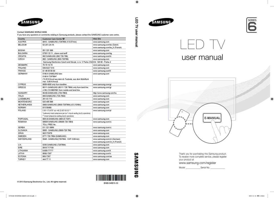 Samsung UE75F6300AWXZF, UE60F6300AWXZH manual 20 €/Anruf aus dem dt. Festnetz, aus dem Mobilfunk, BN68-04881K-02 