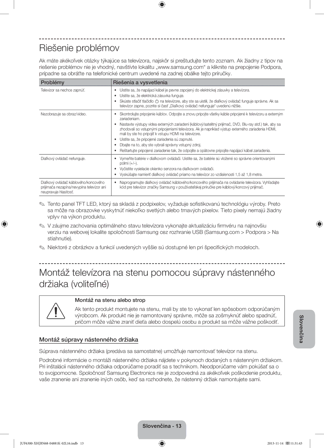 Samsung UE75F6300AWXZH Montáž súpravy nástenného držiaka, Problémy Riešenia a vysvetlenia, Montáž na stenu alebo strop 