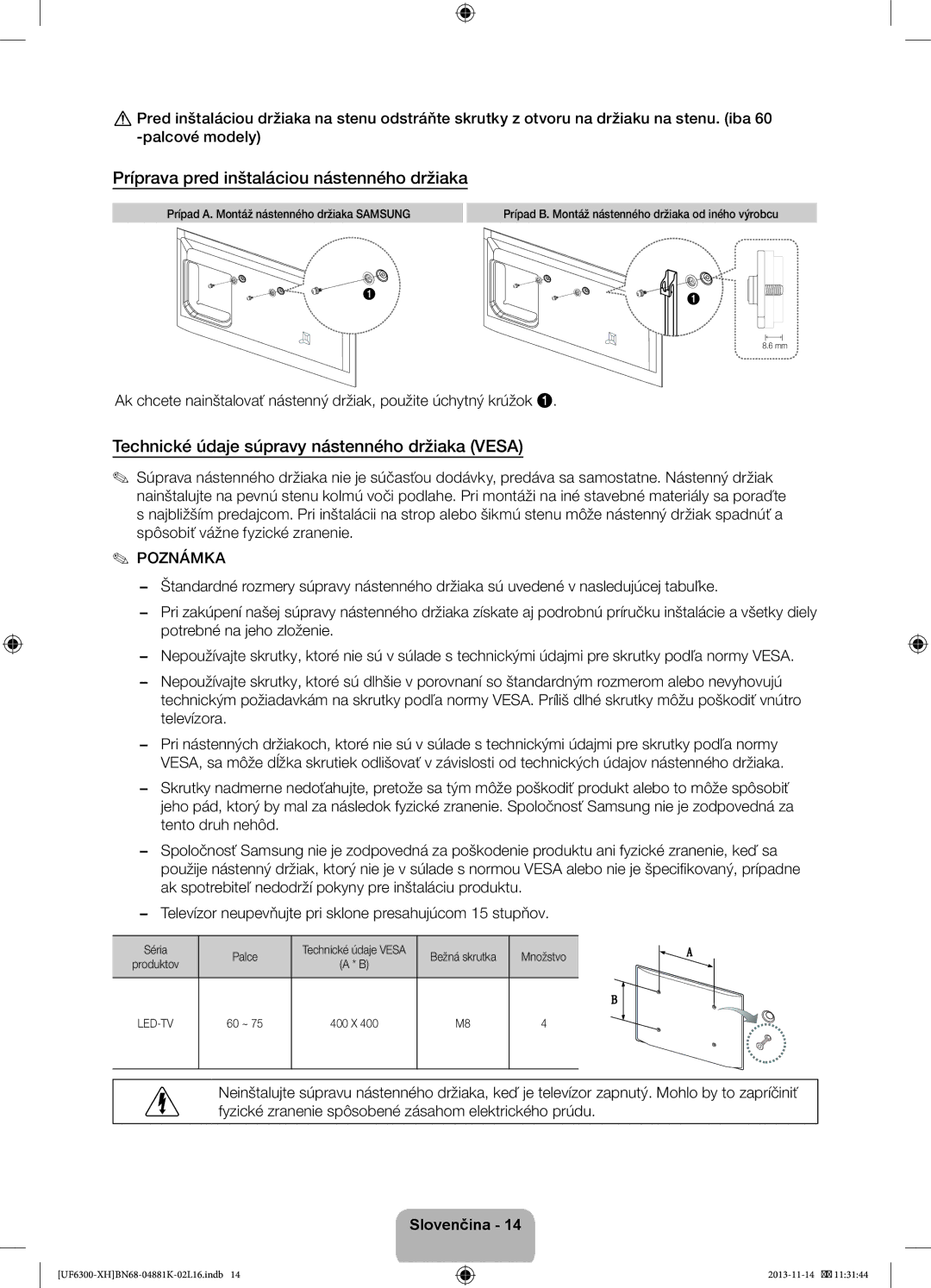 Samsung UE60F6300AWXZH manual Príprava pred inštaláciou nástenného držiaka, Technické údaje súpravy nástenného držiaka Vesa 