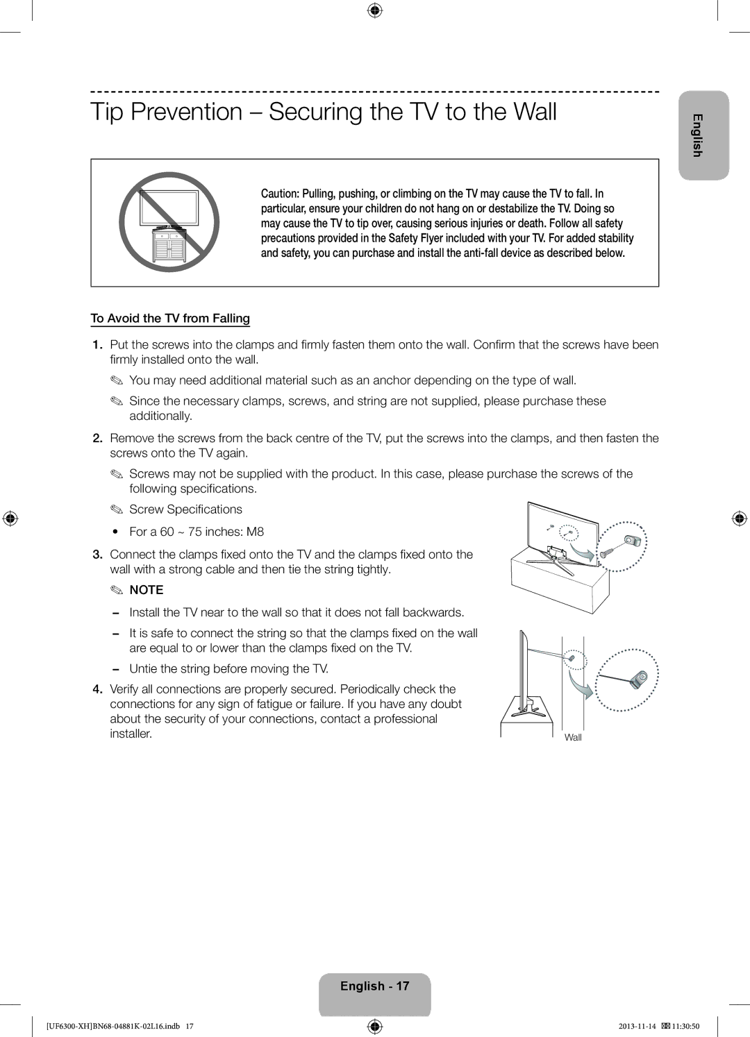 Samsung UE60F6300AWXXH, UE60F6300AWXZH, UE75F6300AWXZF, UE60F6300AWXZF manual Tip Prevention Securing the TV to the Wall 