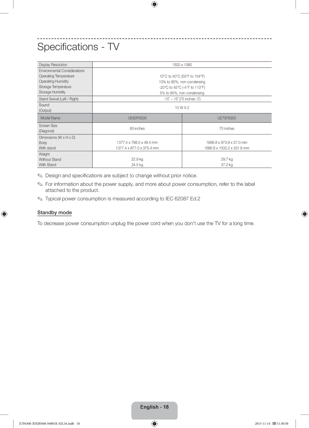 Samsung UE75F6300AWXXH, UE60F6300AWXZH, UE75F6300AWXZF, UE60F6300AWXZF, UE60F6300AWXXH, UE75F6300AWXXC manual Specifications 