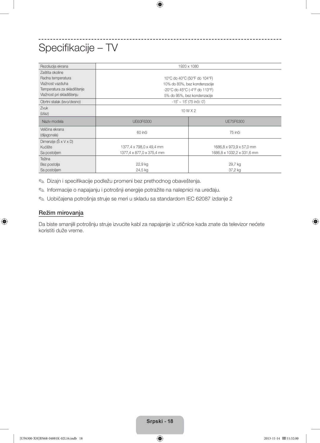 Samsung UE75F6300AWXXC, UE60F6300AWXZH, UE75F6300AWXZF, UE60F6300AWXZF, UE60F6300AWXXH manual Specifikacije, Režim mirovanja 