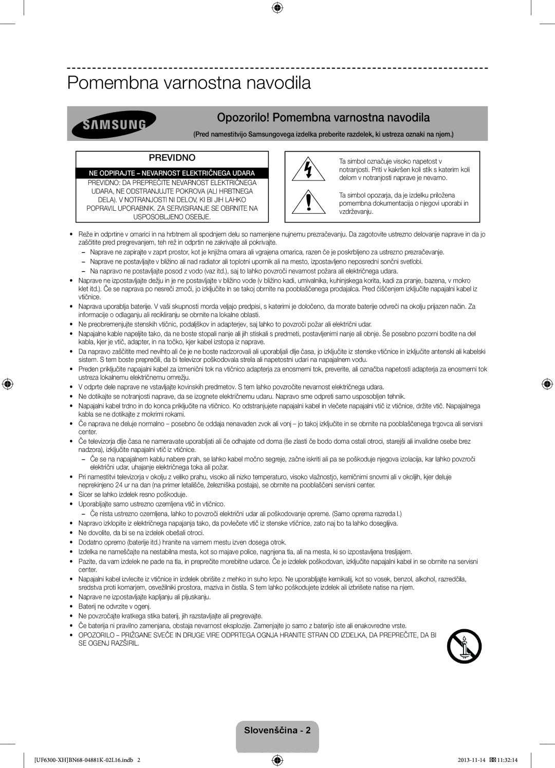 Samsung UE75F6300AWXZF, UE60F6300AWXZH, UE60F6300AWXZF Opozorilo! Pomembna varnostna navodila, Previdno, Slovenščina 