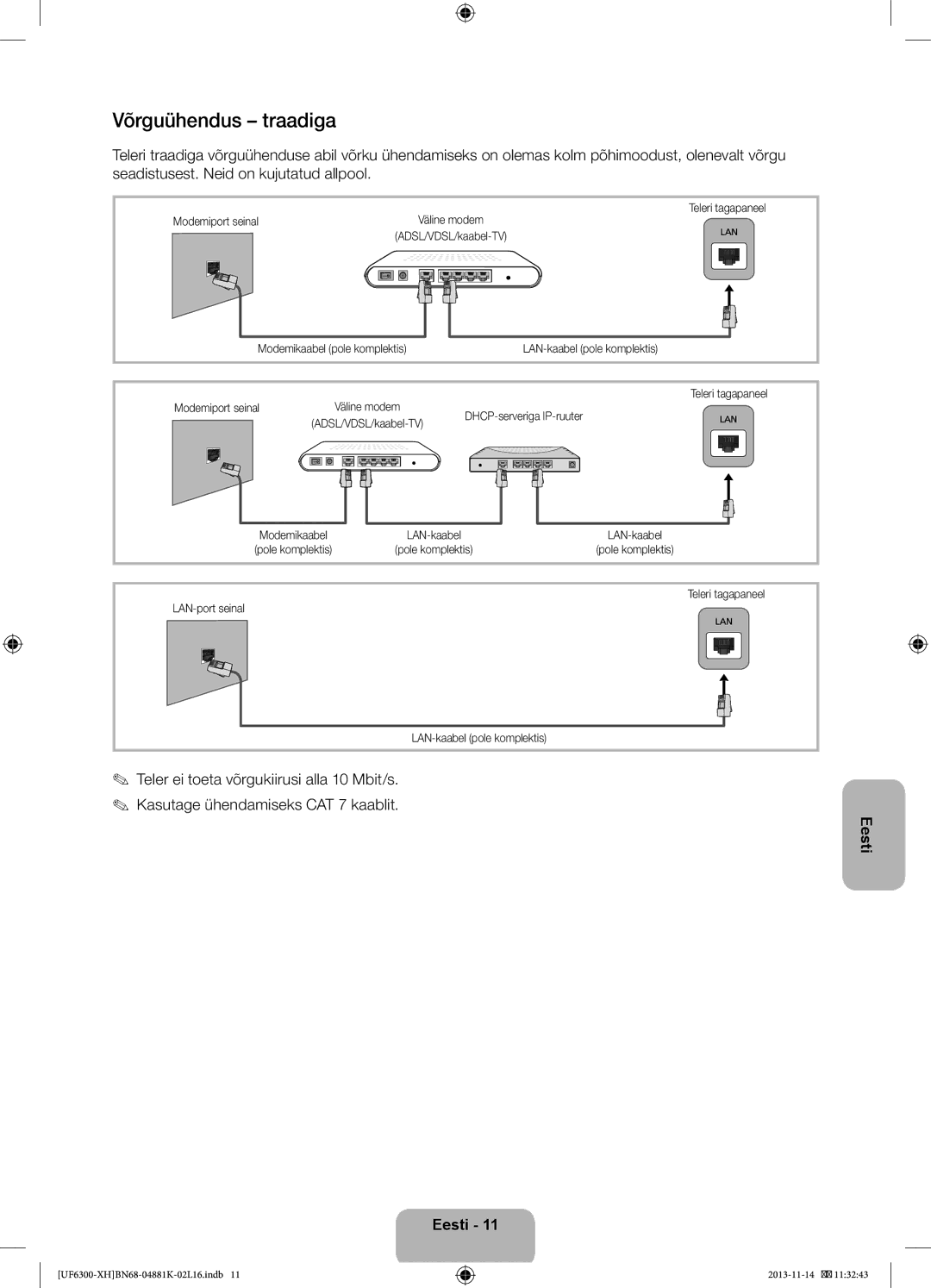 Samsung UE75F6300AWXZF, UE60F6300AWXZH, UE60F6300AWXZF manual Võrguühendus traadiga, Teleri tagapaneel Modemiport seinal 