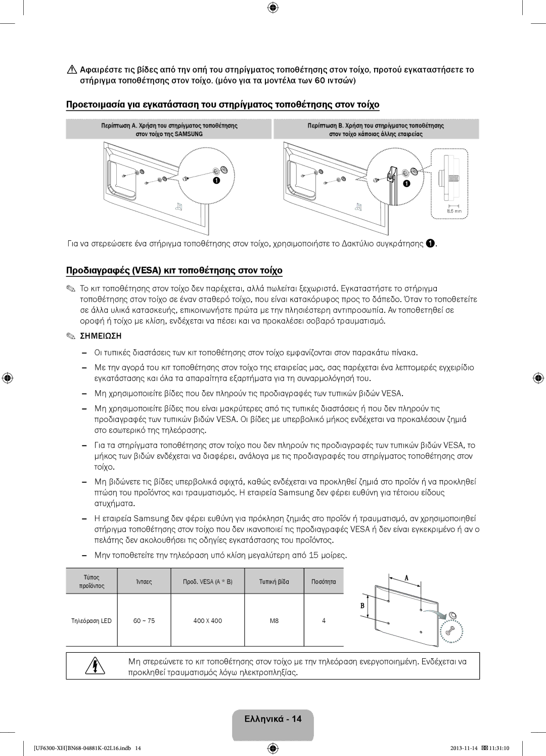 Samsung UE75F6300AWXXC, UE60F6300AWXZH, UE75F6300AWXZF manual Προδιαγραφές Vesa κιτ τοποθέτησης στον τοίχο, Σημειωση 