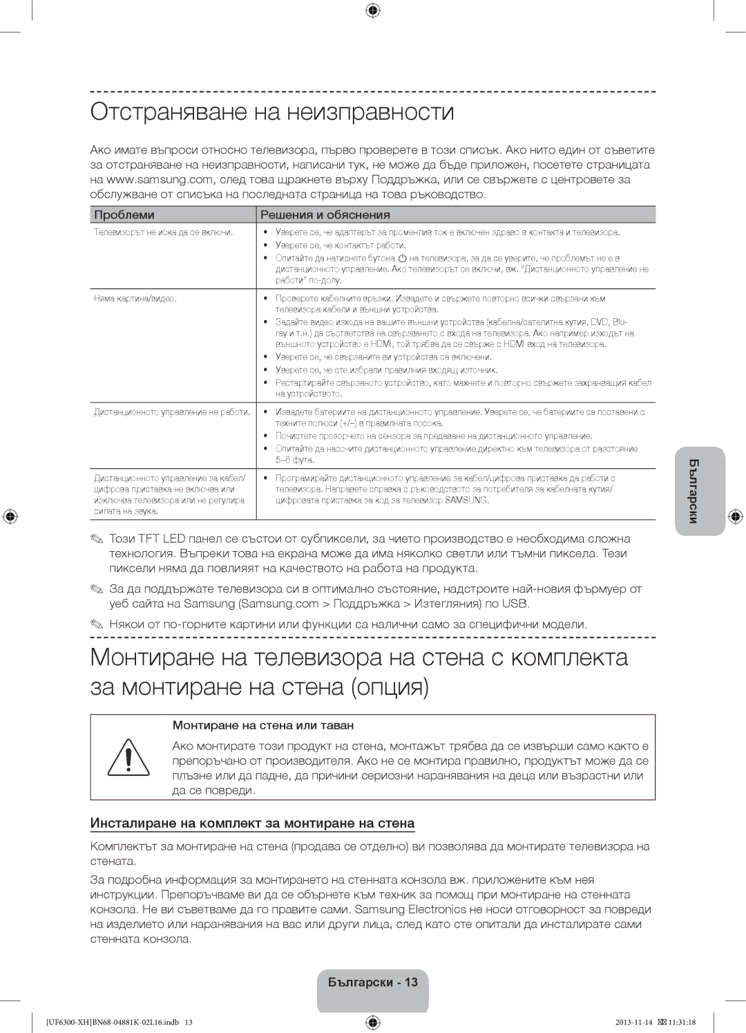 Samsung UE75F6300AWXZF, UE60F6300AWXZH manual Отстраняване на неизправности, Инсталиране на комплект за монтиране на стена 