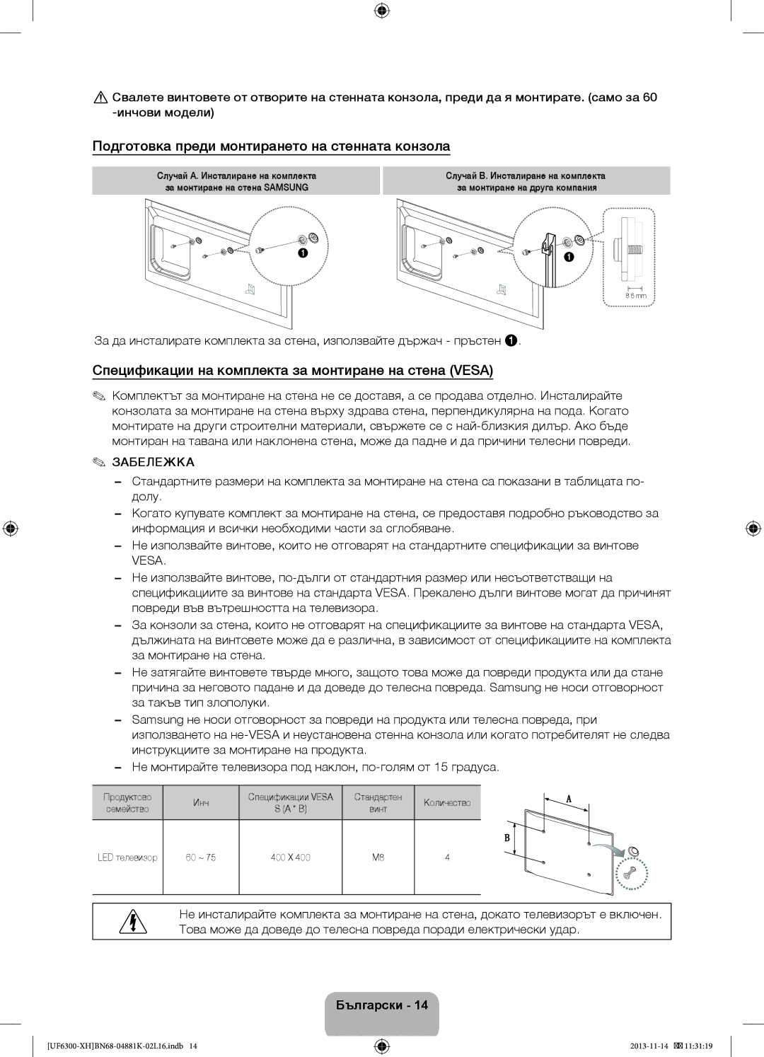 Samsung UE60F6300AWXZF, UE60F6300AWXZH manual Подготовка преди монтирането на стенната конзола, Продуктово Семейство Инч 