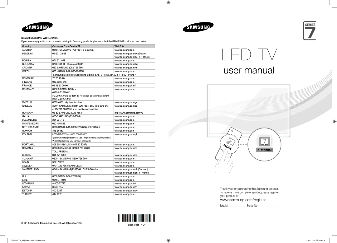 Samsung UE40F7090SLXZG, UE65F9000SLXXC, UE55F7090SLXZG, UE55F7000SLXTK, UE60F7090SLXZG, UE60F7000SLXTK manual Manual 