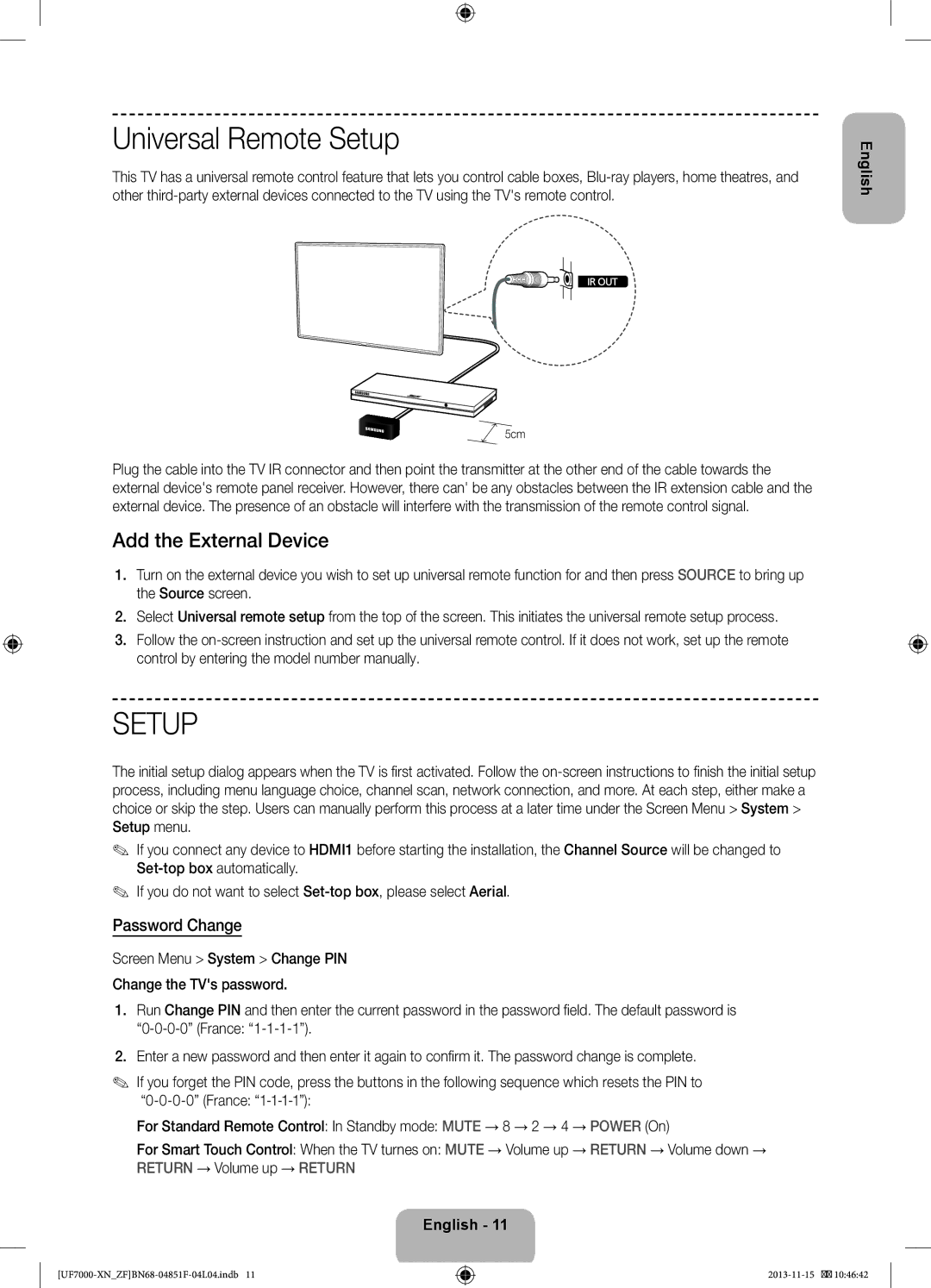 Samsung UE55F7000SLXZF, UE60F7000SLXZF manual Universal Remote Setup, Add the External Device, Password Change, 5cm 