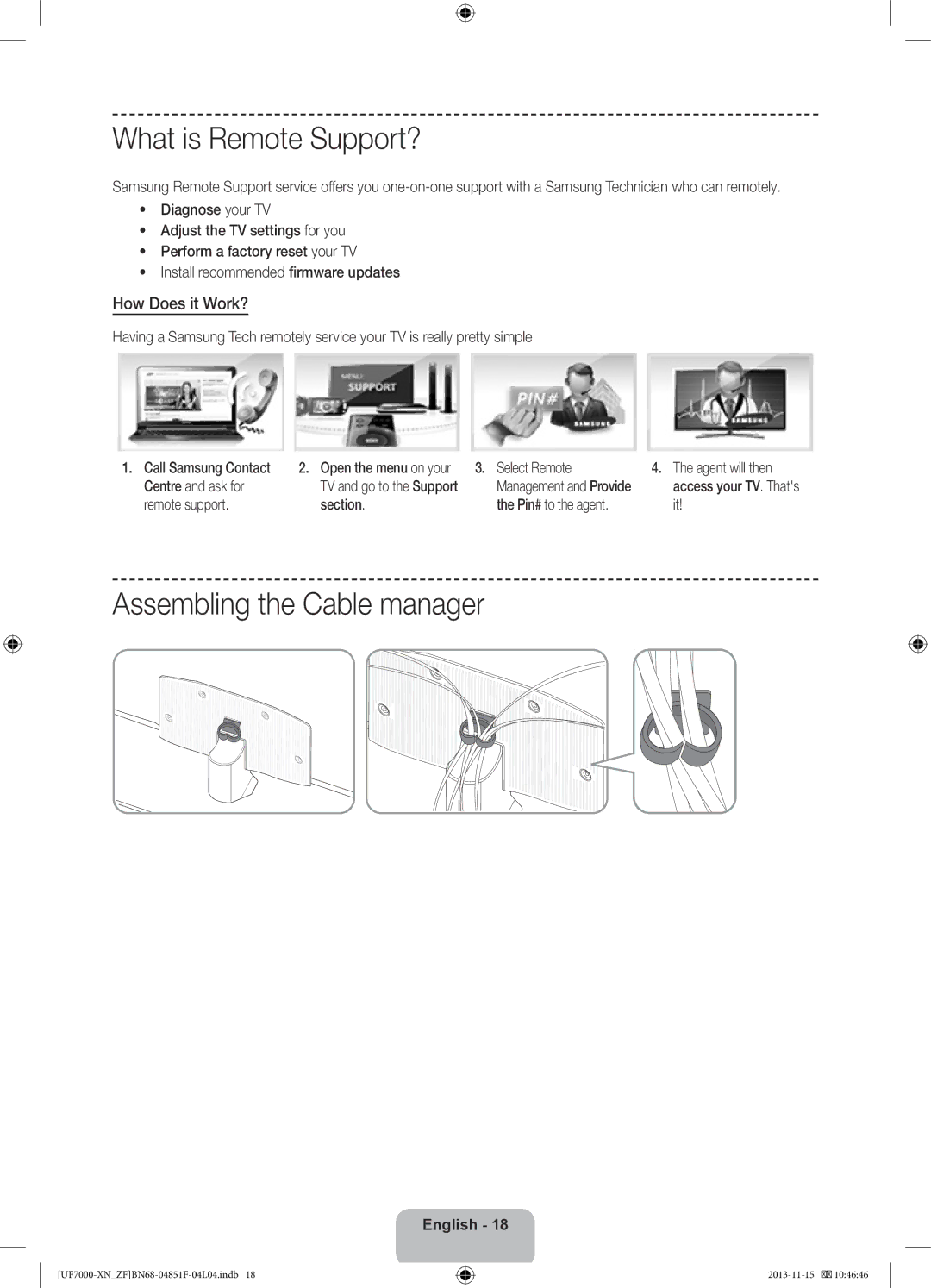 Samsung UE46F7000SLXZF, UE60F7000SLXZF manual What is Remote Support?, Assembling the Cable manager, How Does it Work? 