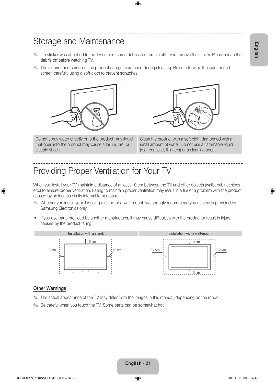 Samsung UE40F7000SLXZF, UE60F7000SLXZF Storage and Maintenance, Providing Proper Ventilation for Your TV, Other Warnings 