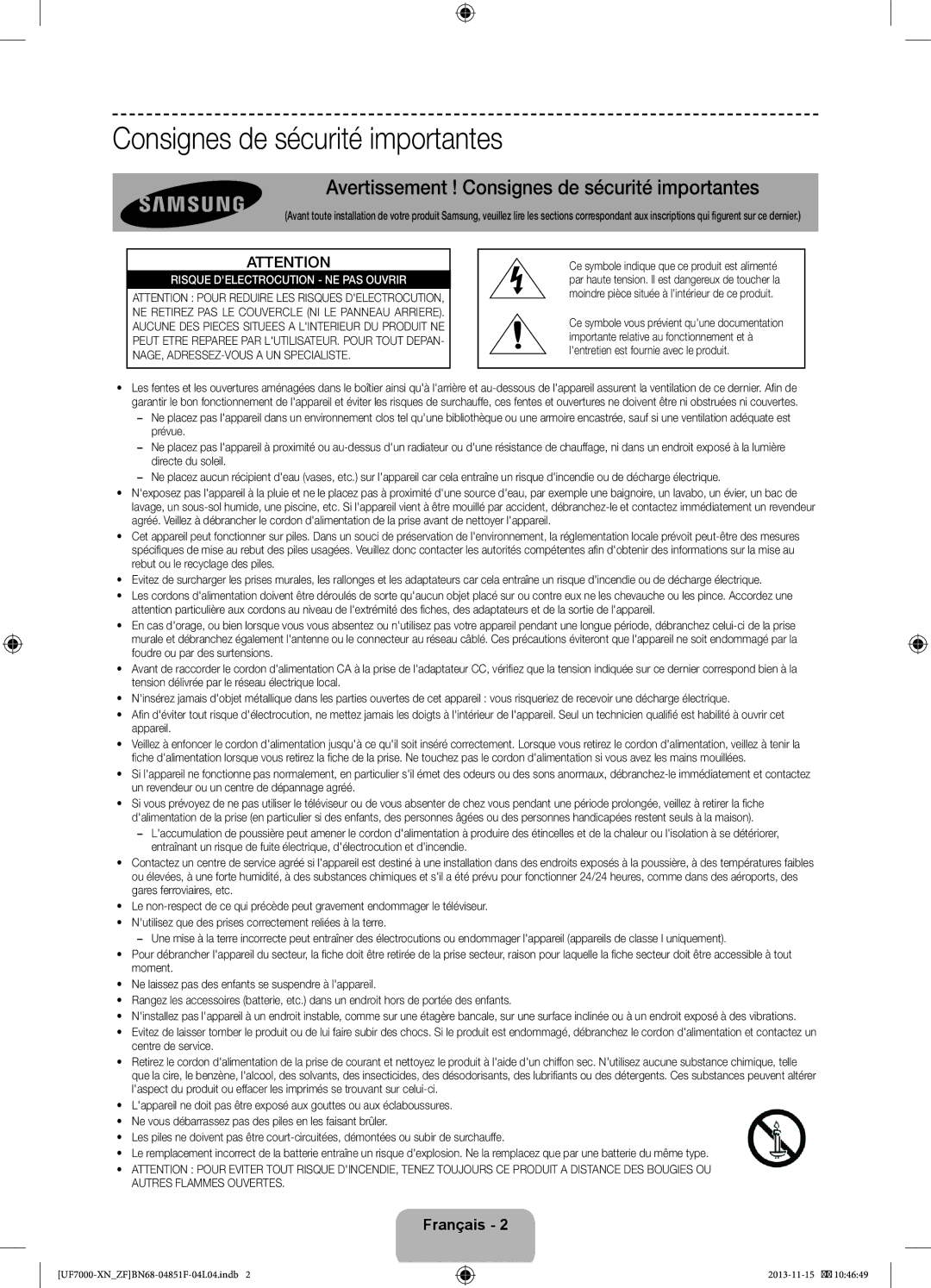 Samsung UE46F7000SLXZF, UE60F7000SLXZF, UE40F7000SLXZF, UE55F7000SLXZF Avertissement ! Consignes de sécurité importantes 