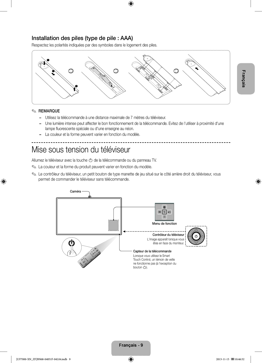 Samsung UE40F7000SLXZF, UE60F7000SLXZF manual Mise sous tension du téléviseur, Installation des piles type de pile AAA 