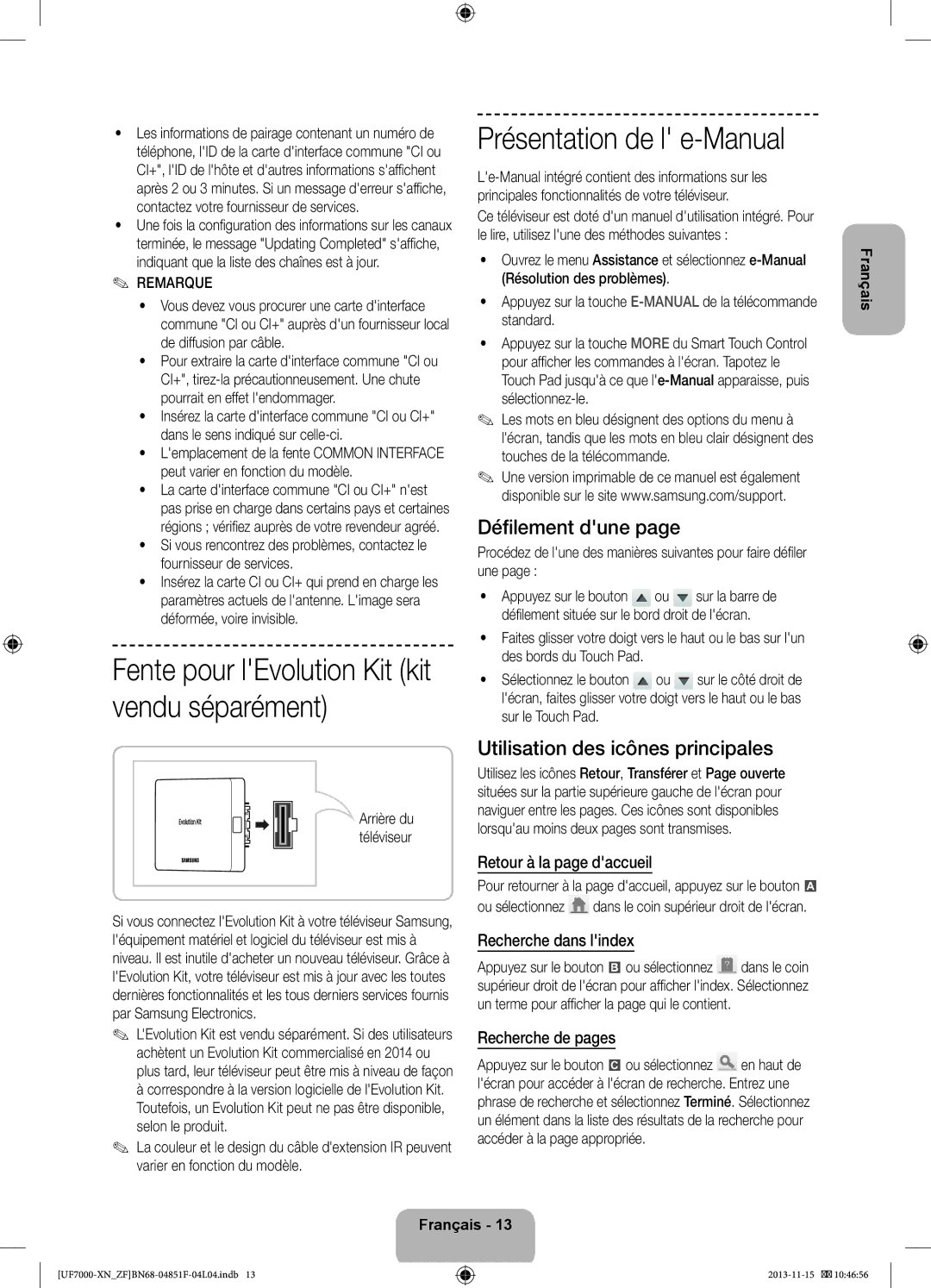 Samsung UE40F7000SLXZF, UE60F7000SLXZF Présentation de l e-Manual, Défilement dune, Utilisation des icônes principales 