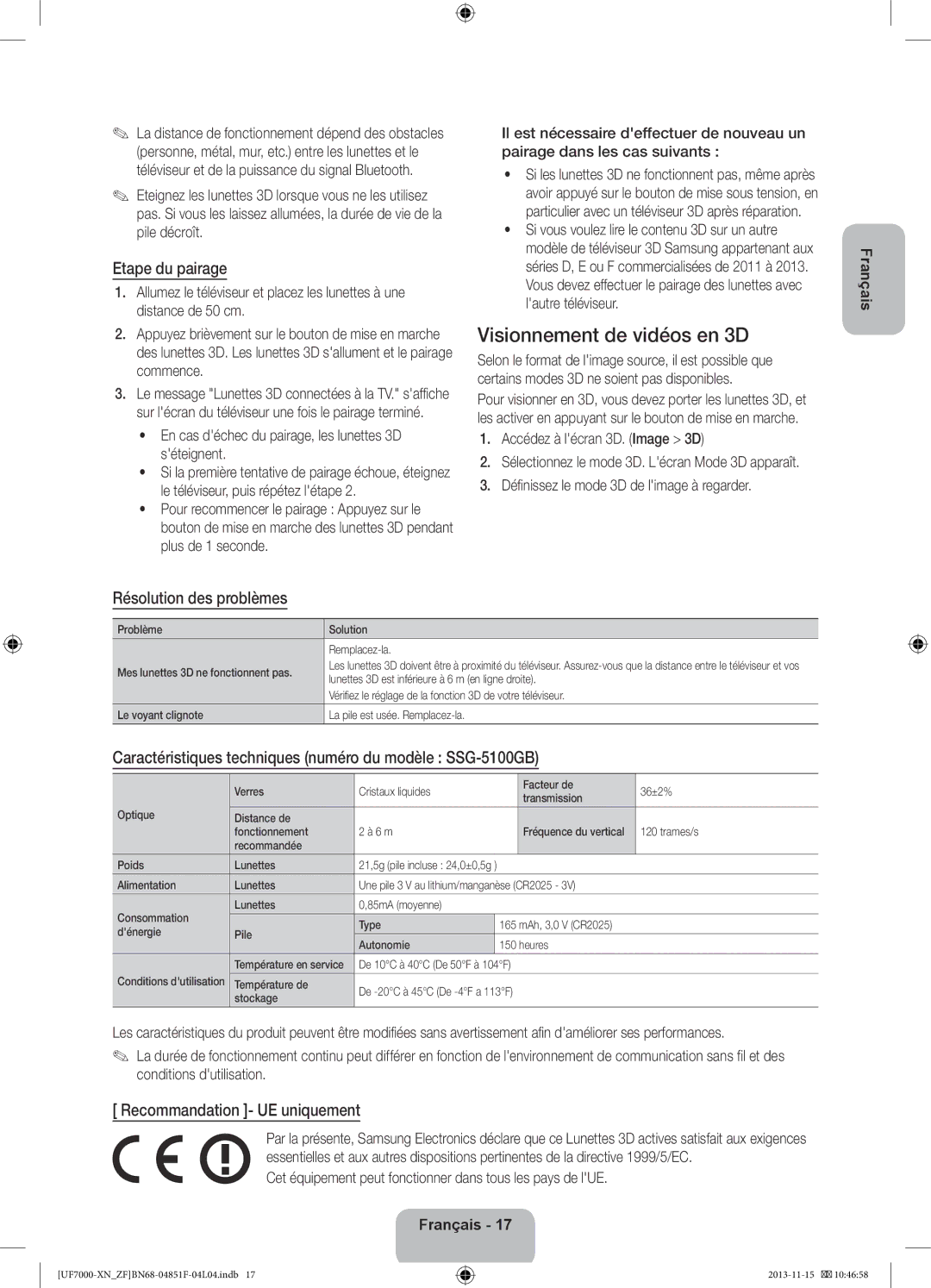 Samsung UE40F7000SLXZF, UE60F7000SLXZF manual Visionnement de vidéos en 3D, Etape du pairage, Résolution des problèmes 