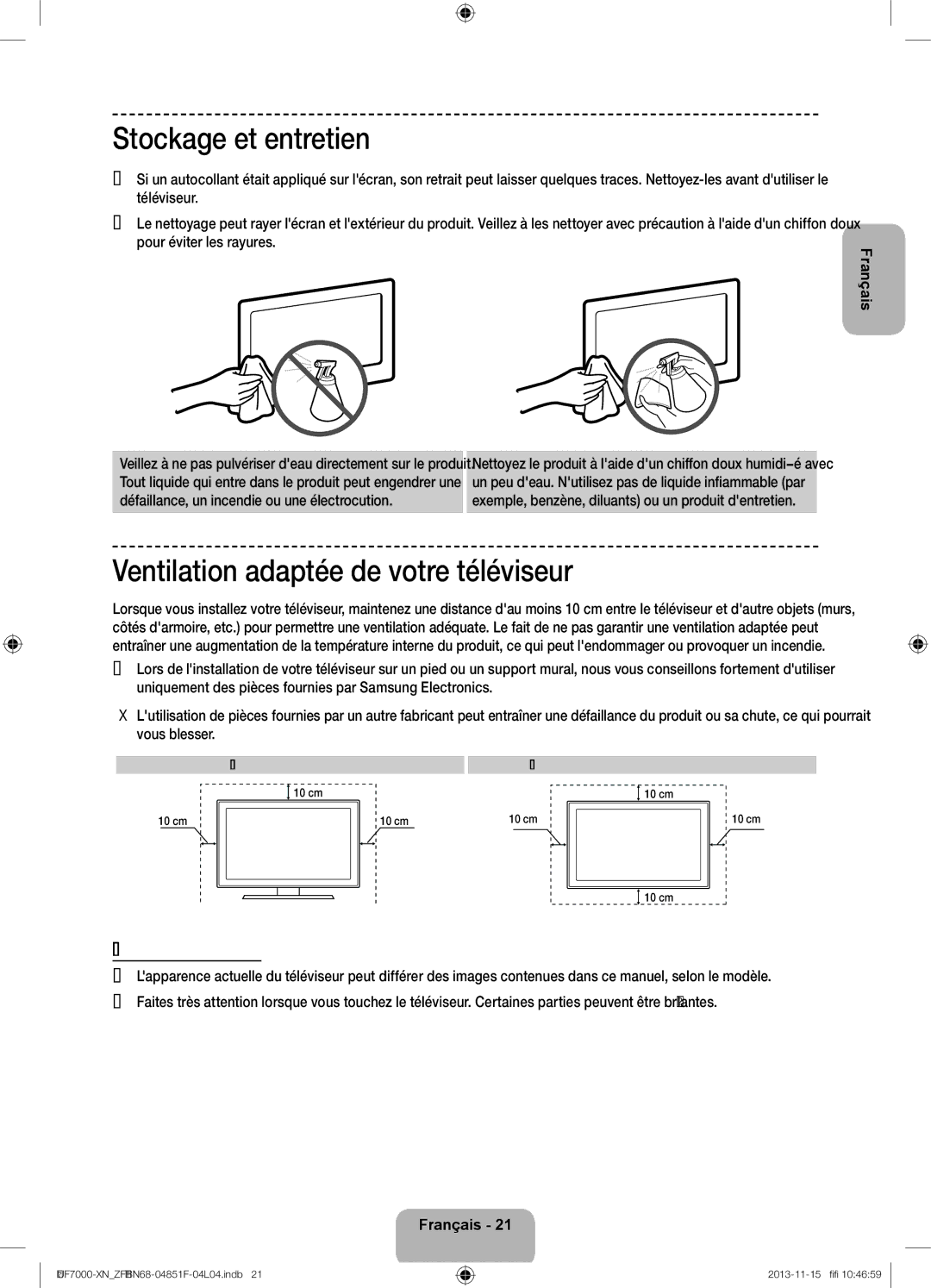 Samsung UE40F7000SLXZF manual Stockage et entretien, Ventilation adaptée de votre téléviseur, Autres avertissements 