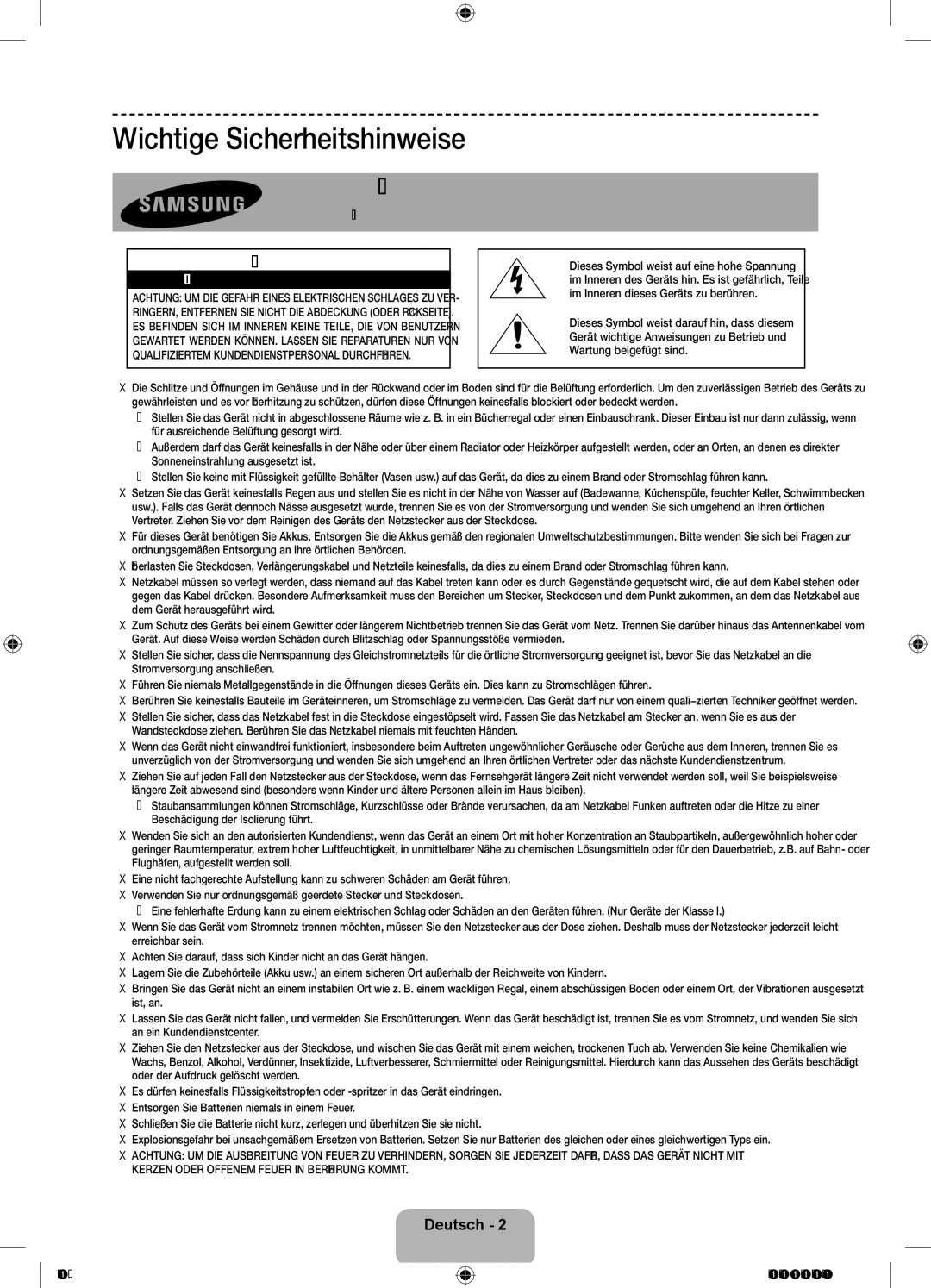 Samsung UE46F7000SLXZF, UE60F7000SLXZF, UE40F7000SLXZF, UE55F7000SLXZF manual Achtung! Wichtige Sicherheitshinweise 