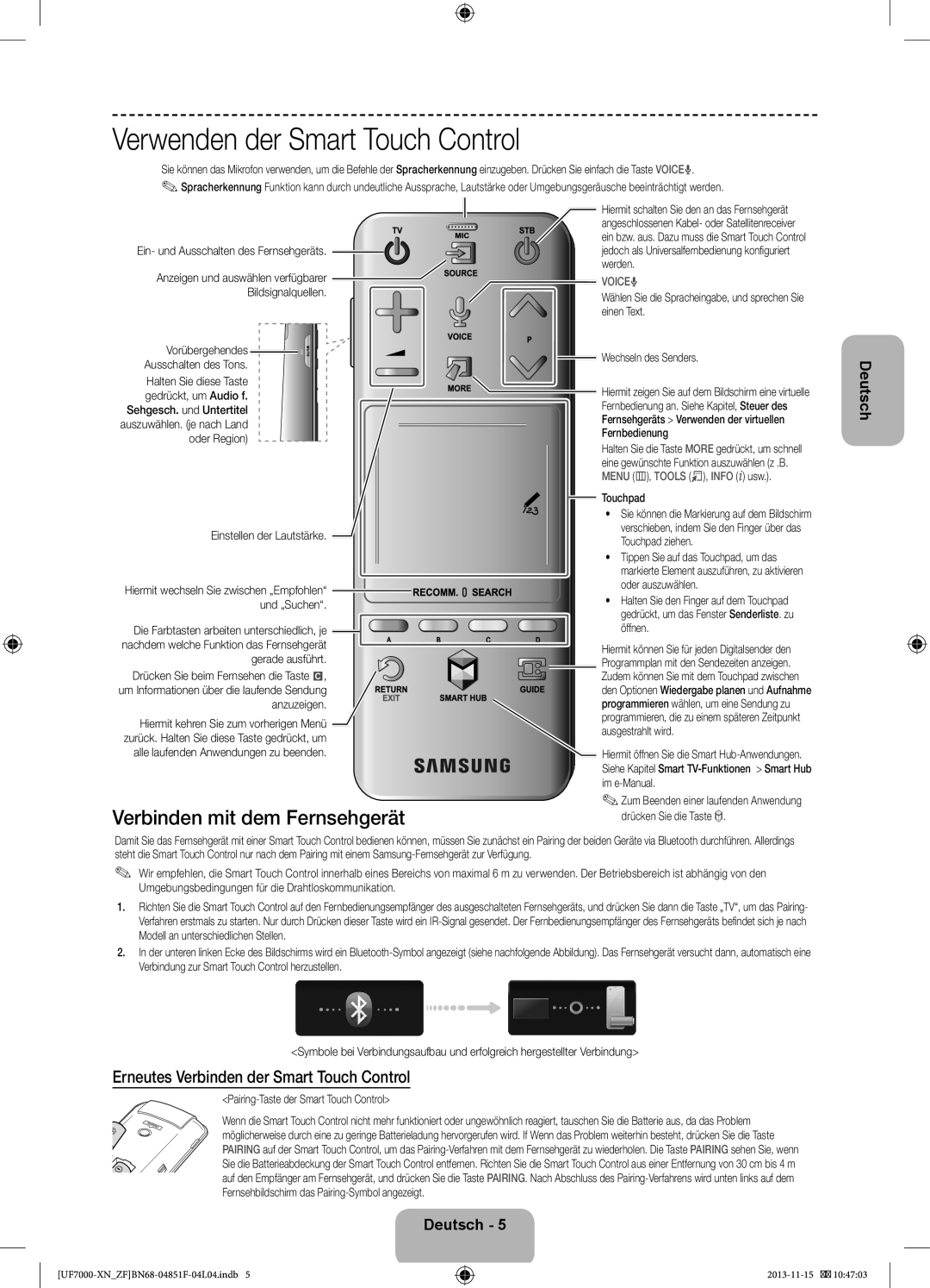 Samsung UE40F7000SLXZF, UE60F7000SLXZF, UE46F7000SLXZF Verwenden der Smart Touch Control, Verbinden mit dem Fernsehgerät 