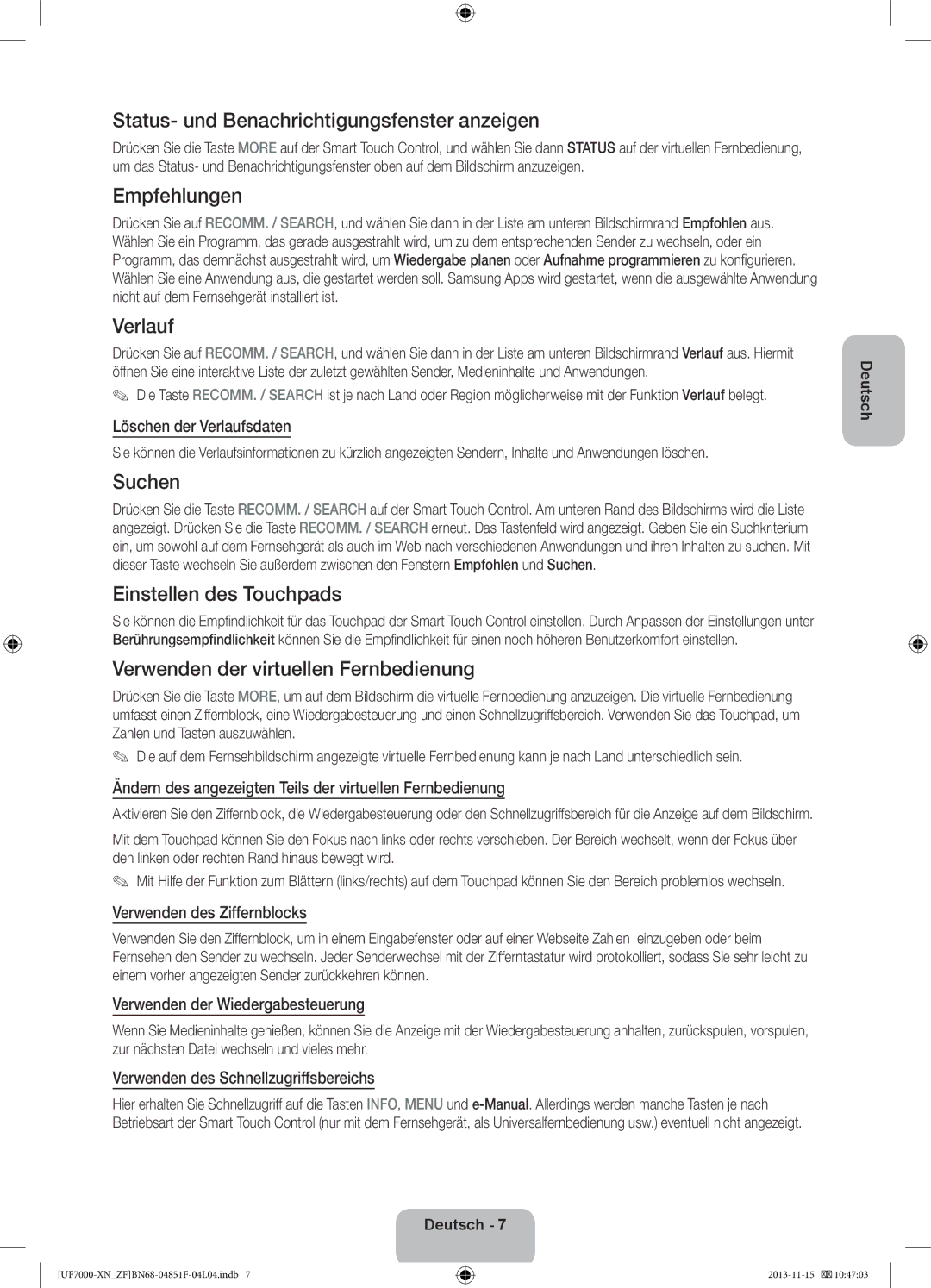 Samsung UE55F7000SLXZF, UE60F7000SLXZF manual Status- und Benachrichtigungsfenster anzeigen, Empfehlungen, Verlauf, Suchen 