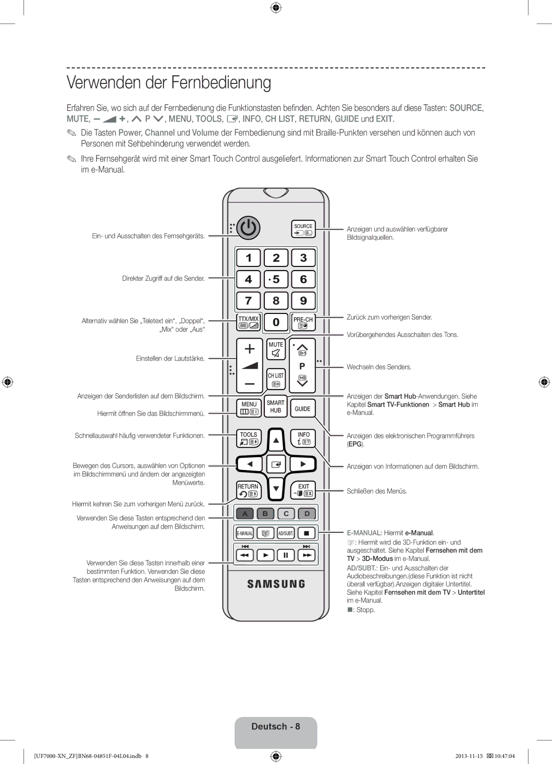 Samsung UE60F7000SLXZF, UE40F7000SLXZF, UE46F7000SLXZF, UE55F7000SLXZF manual Verwenden der Fernbedienung 