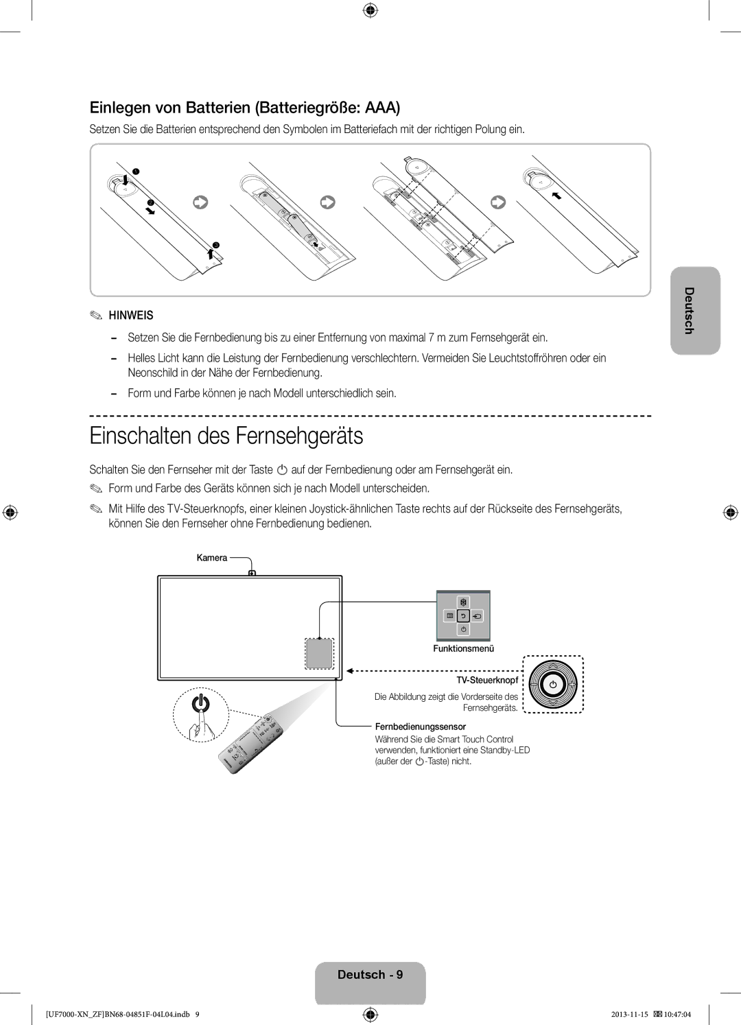 Samsung UE40F7000SLXZF, UE60F7000SLXZF manual Einschalten des Fernsehgeräts, Einlegen von Batterien Batteriegröße AAA 