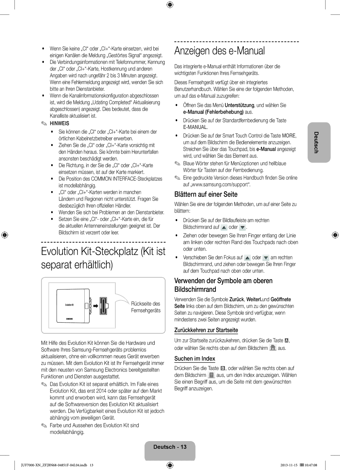 Samsung UE40F7000SLXZF manual Blättern auf einer Seite, Verwenden der Symbole am oberen Bildschirmrand, Suchen im Index 