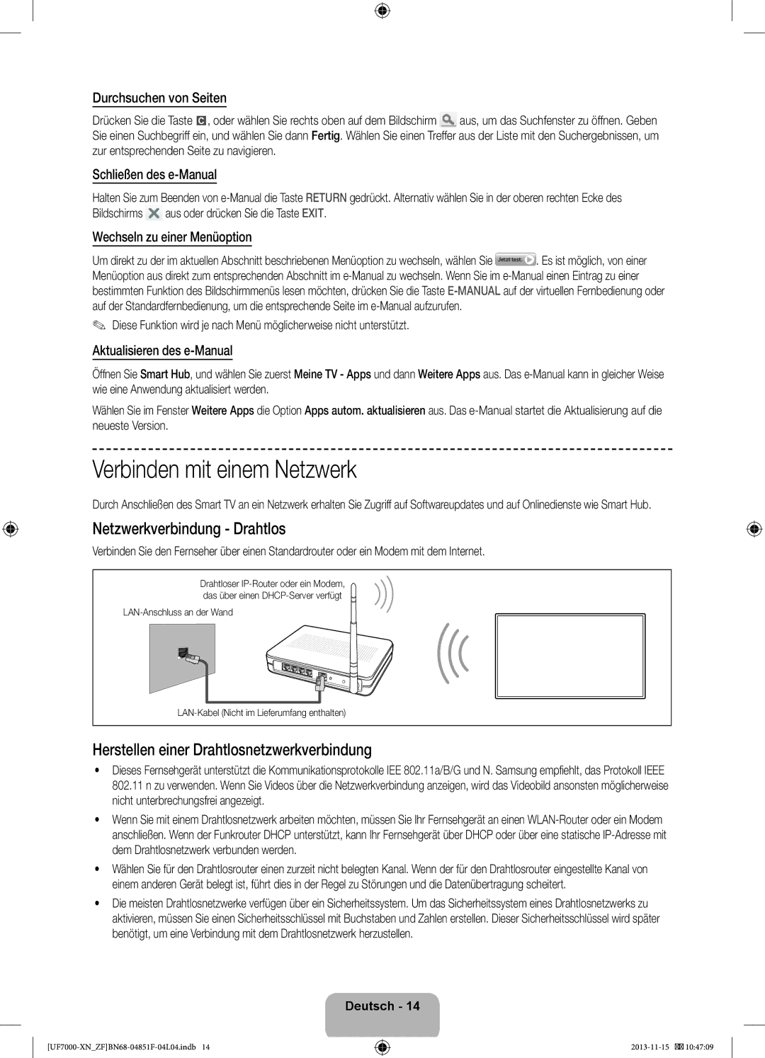 Samsung UE46F7000SLXZF, UE60F7000SLXZF, UE40F7000SLXZF manual Verbinden mit einem Netzwerk, Netzwerkverbindung Drahtlos 