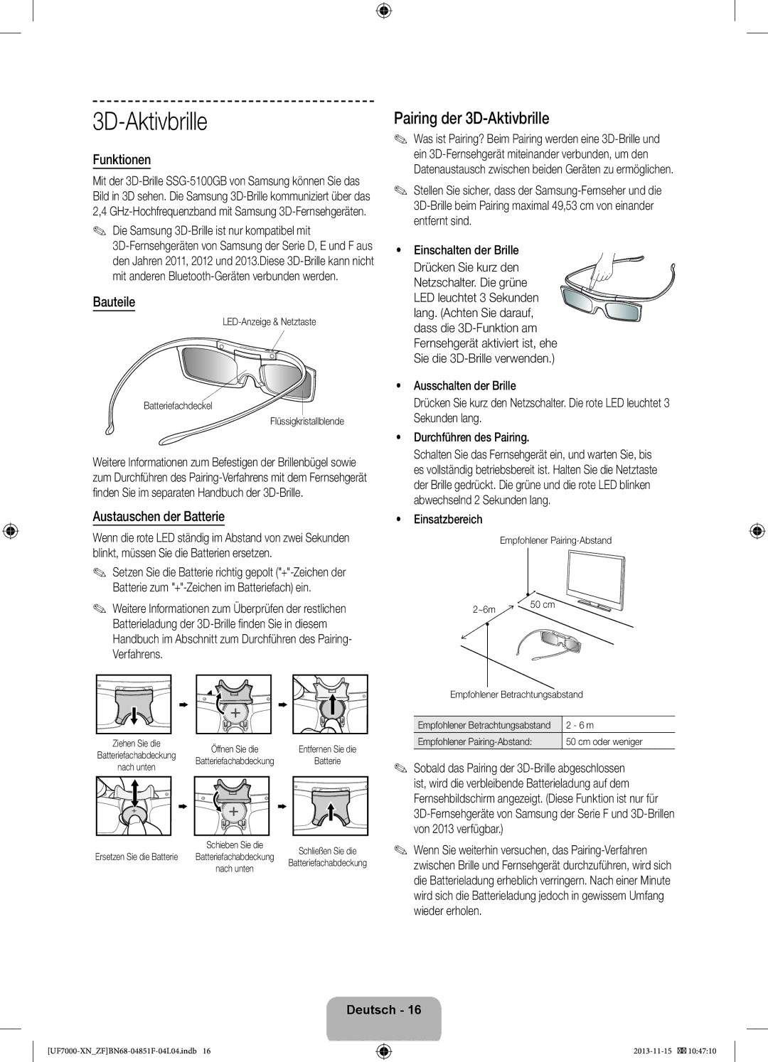 Samsung UE60F7000SLXZF, UE40F7000SLXZF manual Pairing der 3D-Aktivbrille, Funktionen, Bauteile, Austauschen der Batterie 