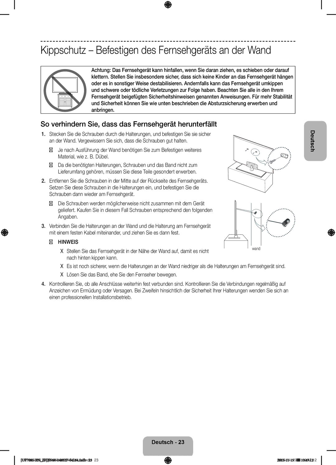 Samsung UE55F7000SLXZF, UE60F7000SLXZF So verhindern Sie, dass das Fernsehgerät herunterfällt, Nach hinten kippen kann 