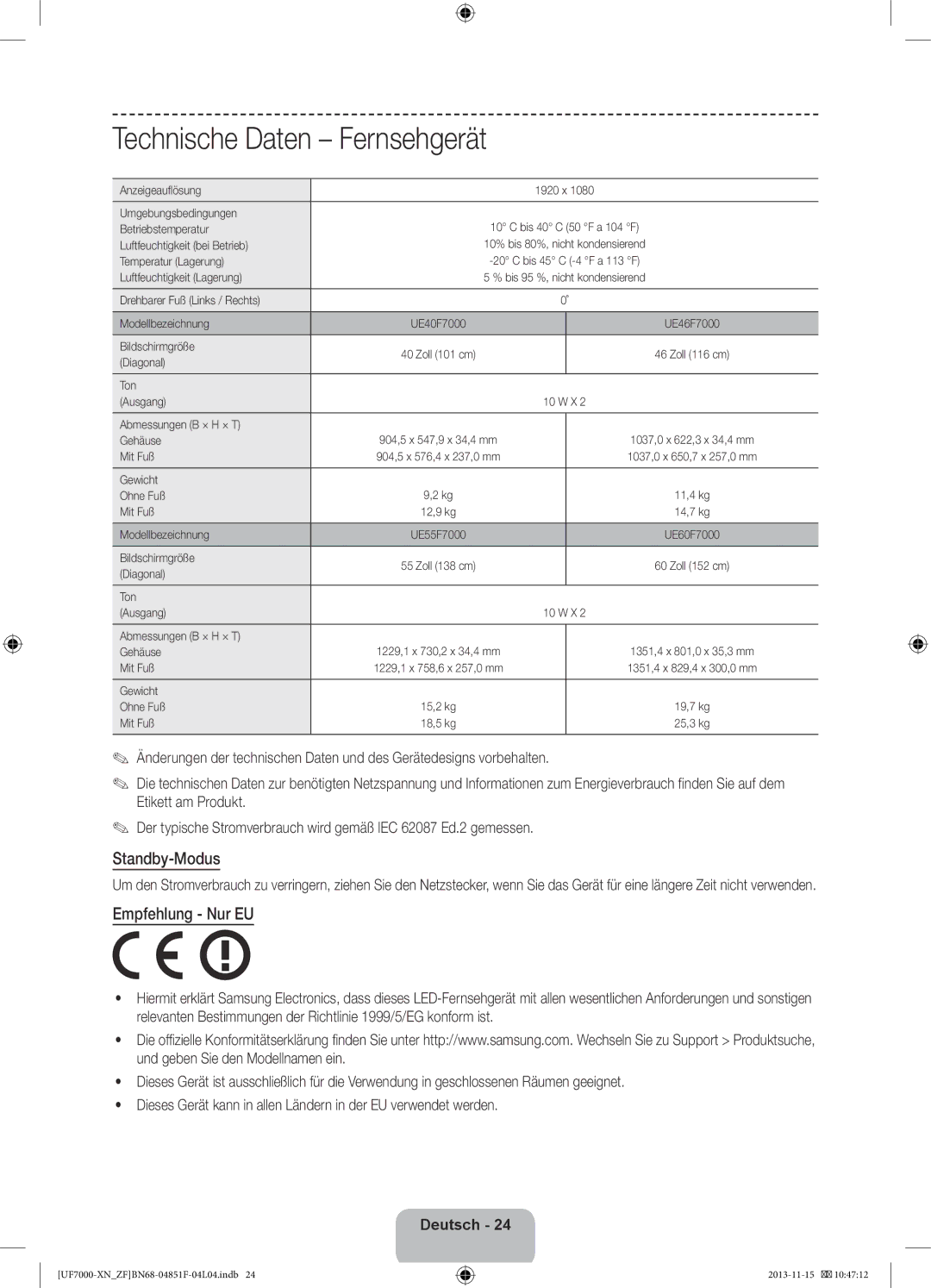 Samsung UE60F7000SLXZF, UE40F7000SLXZF, UE46F7000SLXZF, UE55F7000SLXZF manual Technische Daten Fernsehgerät, Standby-Modus 