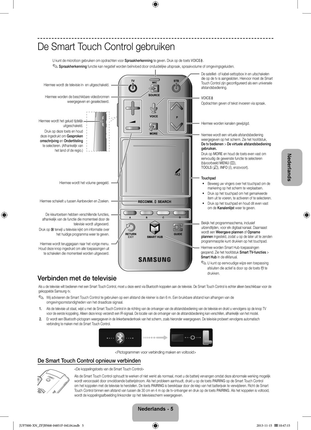 Samsung UE40F7000SLXZF, UE60F7000SLXZF, UE46F7000SLXZF manual De Smart Touch Control gebruiken, Verbinden met de televisie 