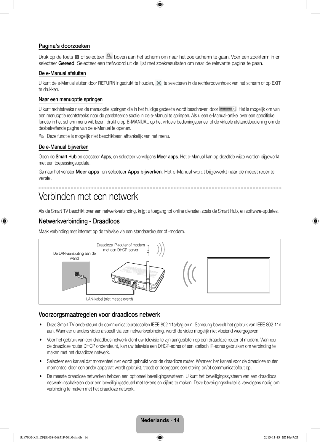 Samsung UE46F7000SLXZF Verbinden met een netwerk, Netwerkverbinding Draadloos, Voorzorgsmaatregelen voor draadloos netwerk 